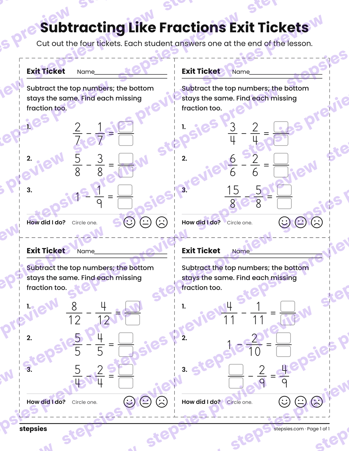 Subtracting Like Fractions Exit Tickets: page 1 of a printable Grades 4 and 5 Math worksheet