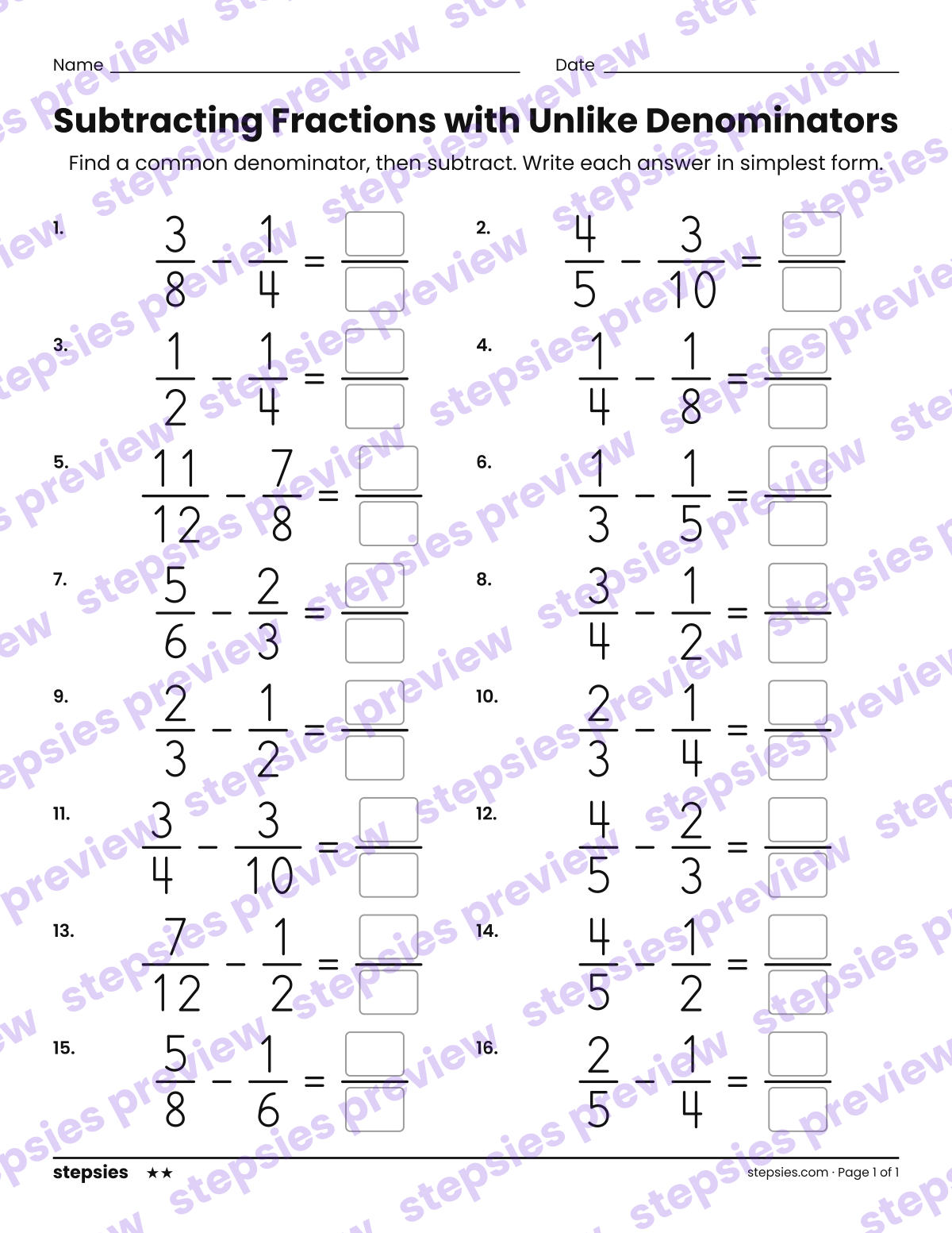 Subtracting Fractions with Unlike Denominators: page 1 of a printable Grade 5 Math worksheet