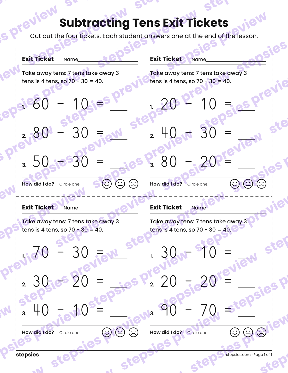 Subtracting Tens Exit Tickets: page 1 of a printable Grade 1 Math worksheet