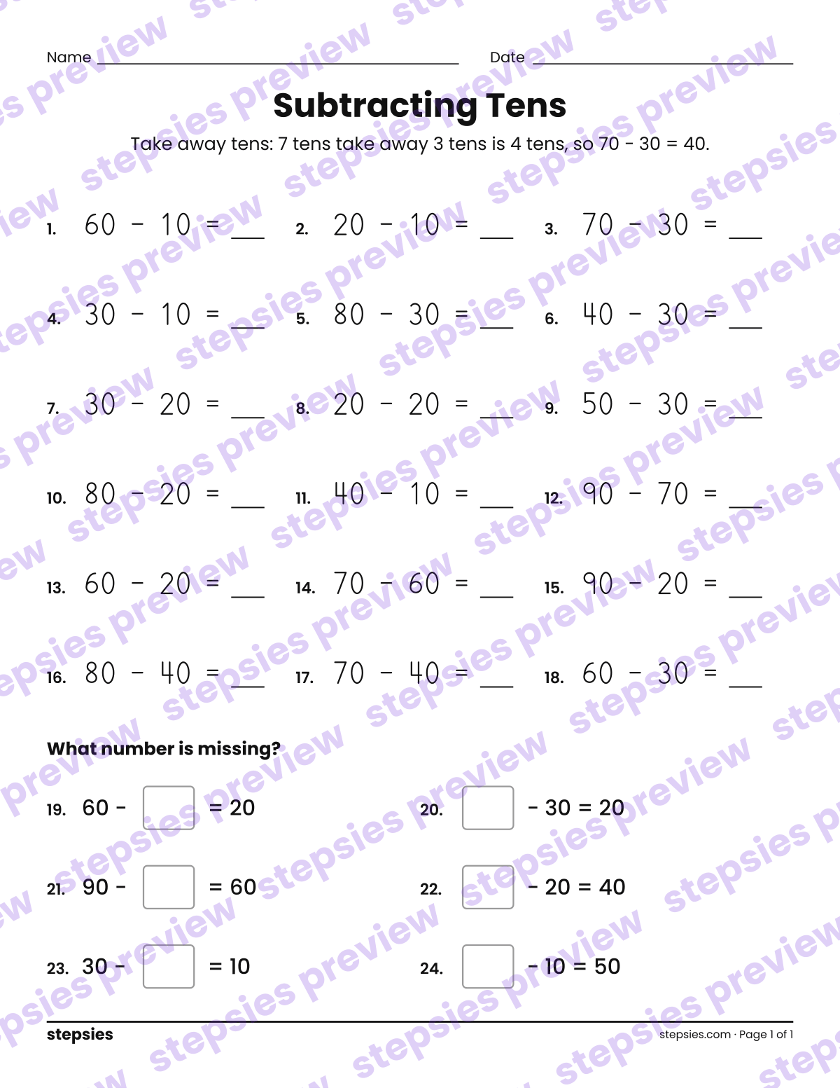 Subtracting Tens: page 1 of a printable Grade 1 Math worksheet