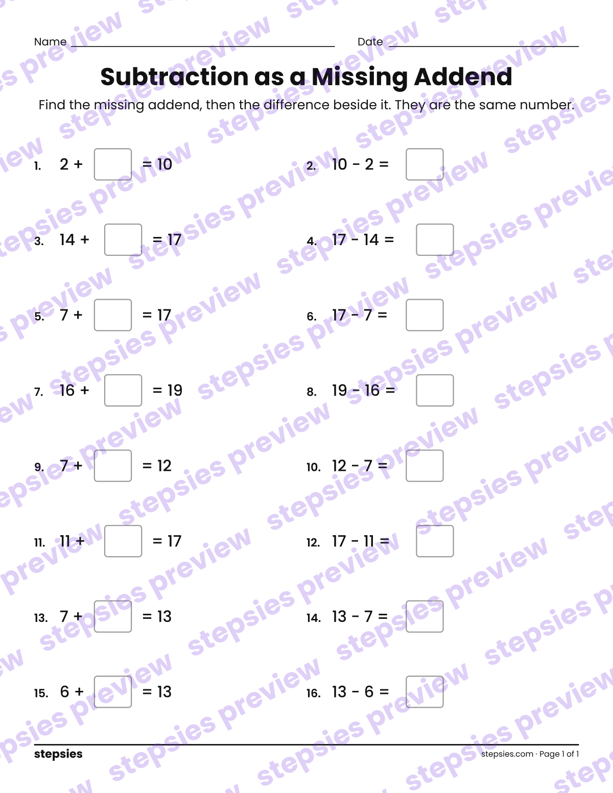 Subtraction as a Missing Addend: page 1 of a printable Grade 1 Math worksheet
