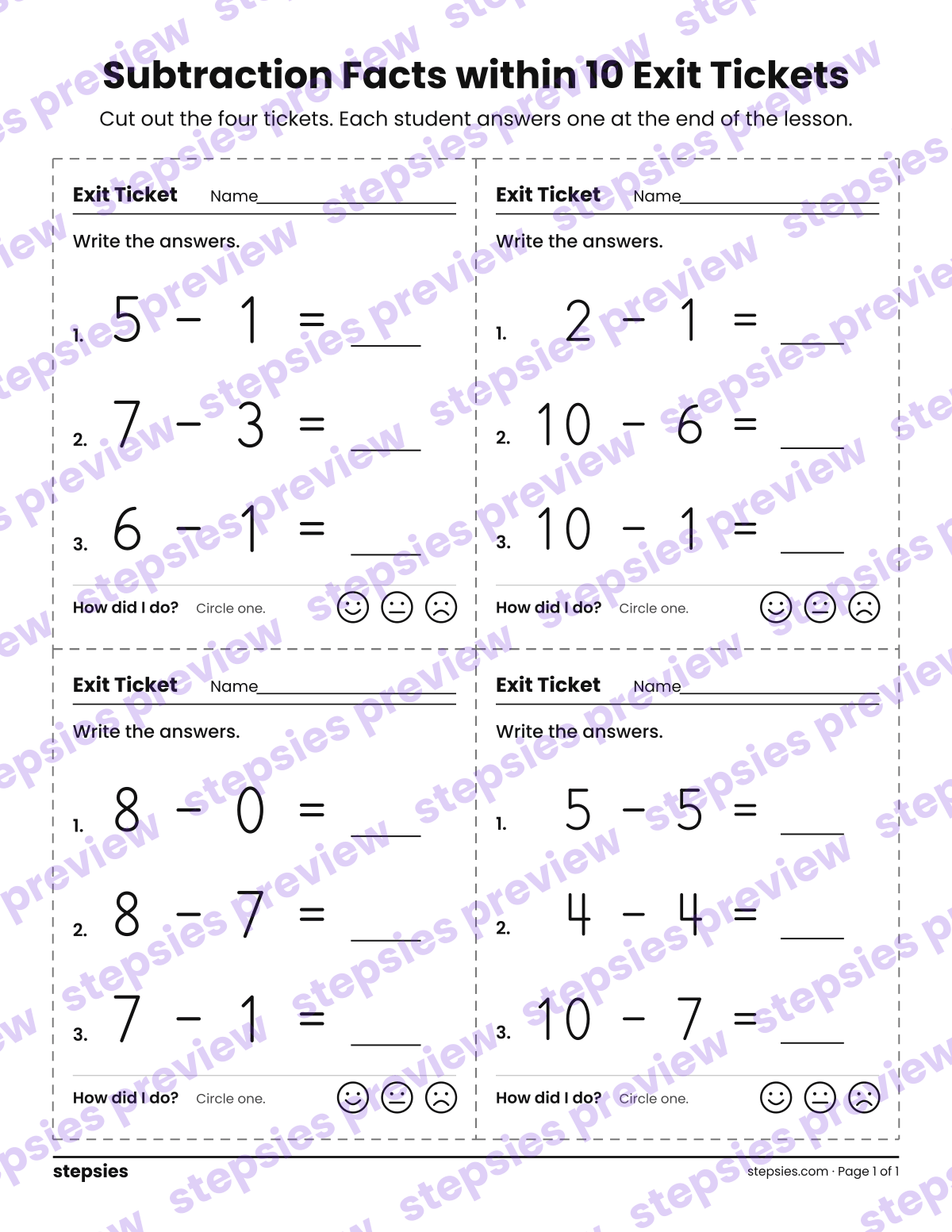 Subtraction Facts within 10 Exit Tickets: page 1 of a printable Grade 1 Math worksheet
