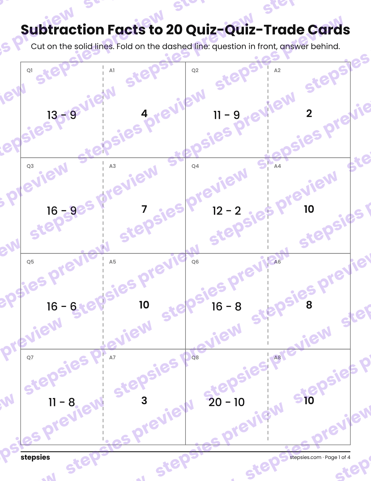 Subtraction Facts to 20: Quiz-Quiz-Trade Cards: page 1 of a printable Grade 1 Math worksheet