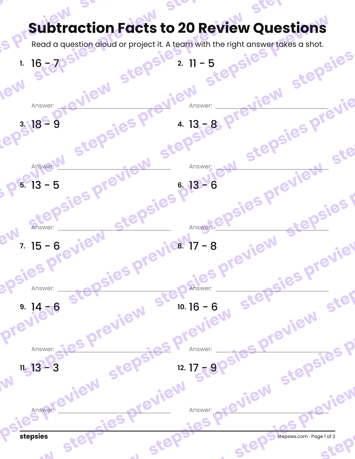 Subtraction Facts to 20: Trashketball Review Questions: page 1 of a printable Grade 1 Math worksheet