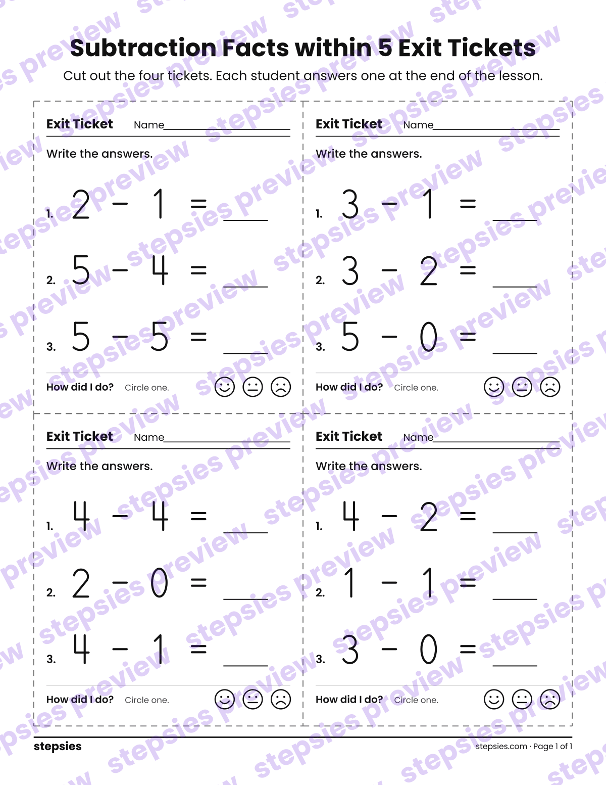 Subtraction Facts within 5 Exit Tickets: page 1 of a printable Kindergarten and Grade 1 Math worksheet