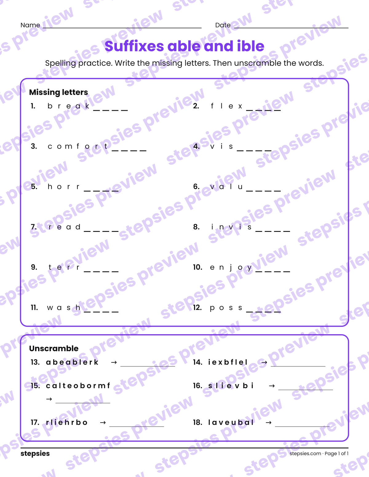 Suffixes able and ible: Spelling Practice: page 1 of a printable Grade 4 Language worksheet