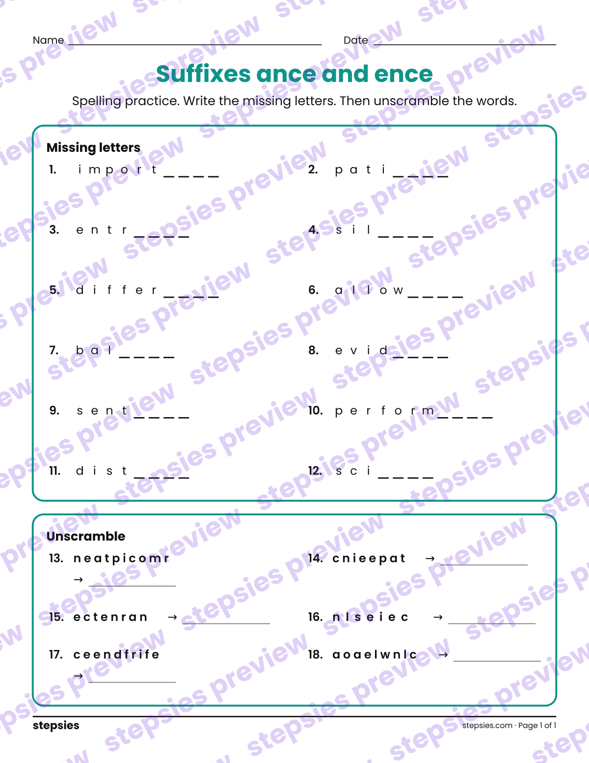 Suffixes ance and ence: Spelling Practice: page 1 of a printable Grade 5 Language worksheet