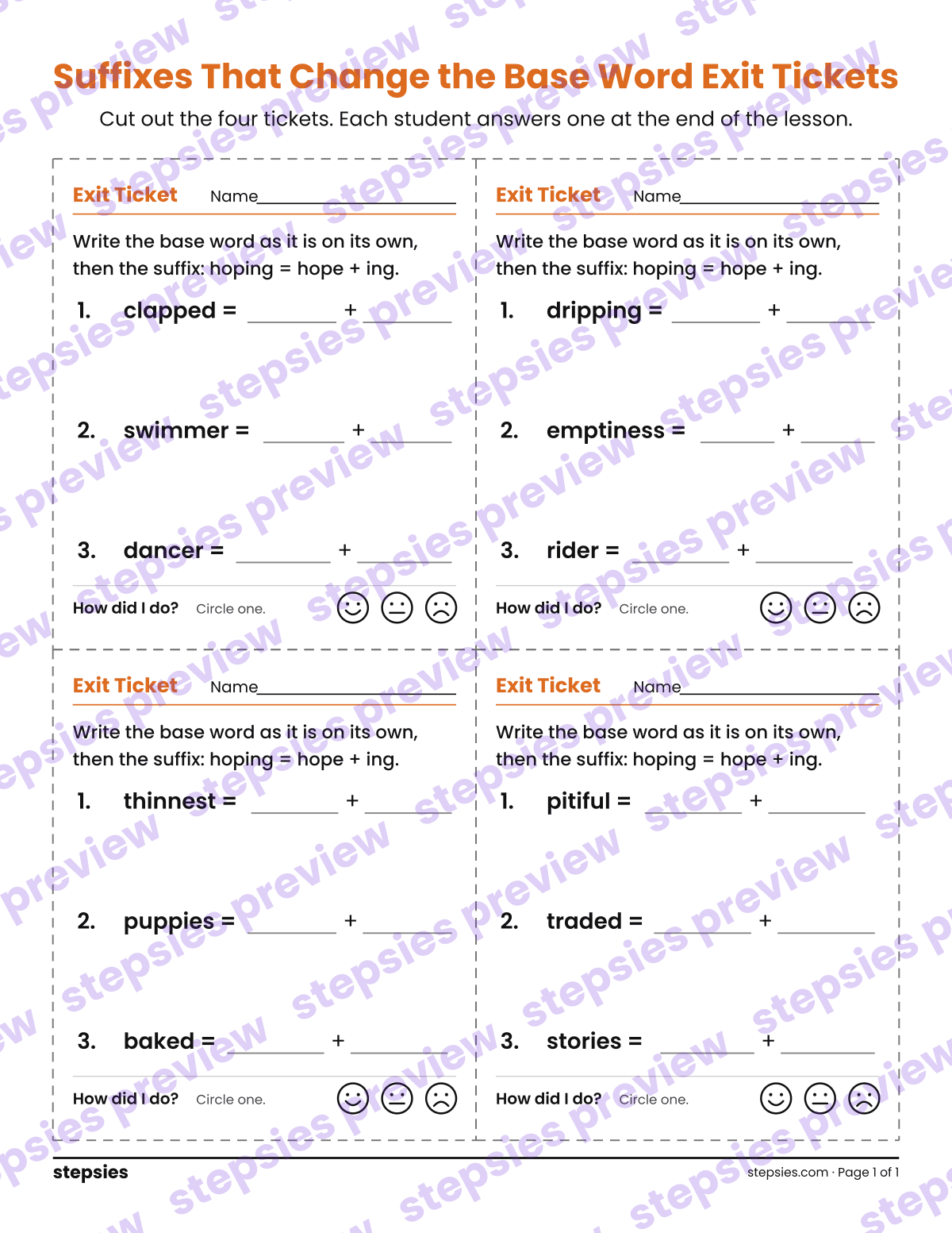 Suffixes That Change the Base Word Exit Tickets: page 1 of a printable Grades 3 and 4 Language worksheet