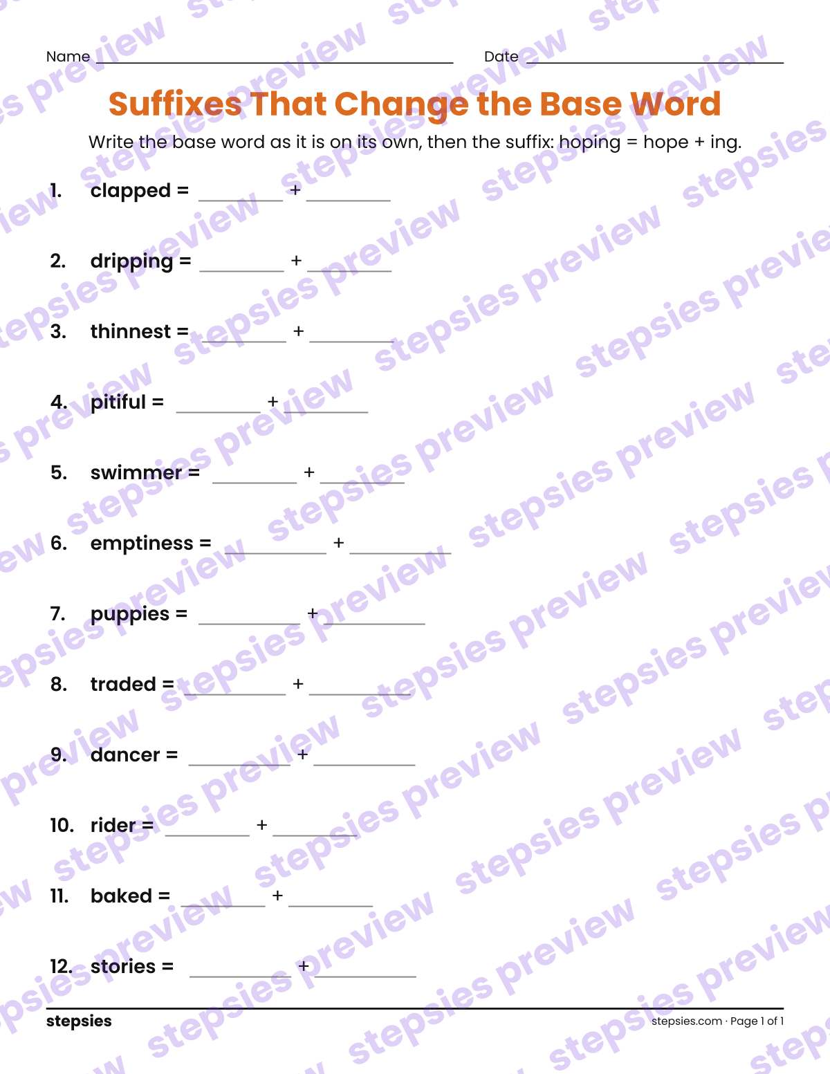 Suffixes That Change the Base Word: page 1 of a printable Grades 3 and 4 Language worksheet