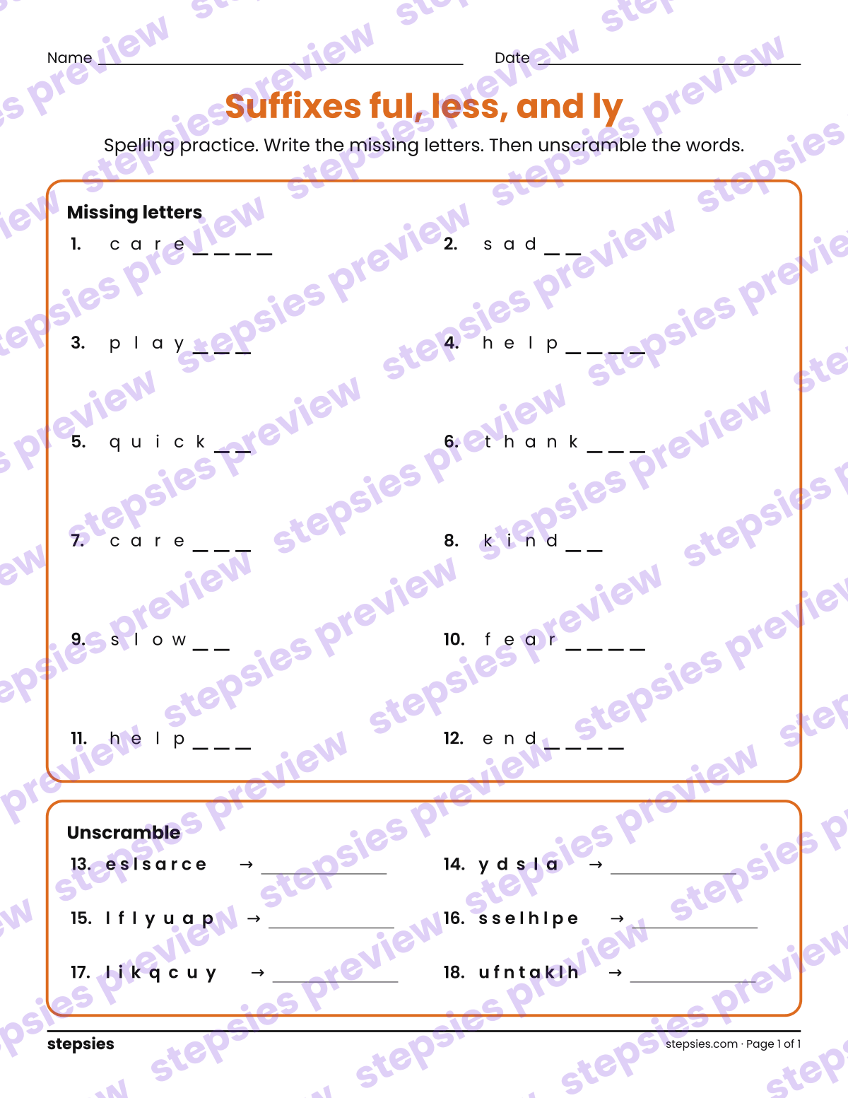 Suffixes ful, less, and ly: Spelling Practice: page 1 of a printable Grade 3 Language worksheet