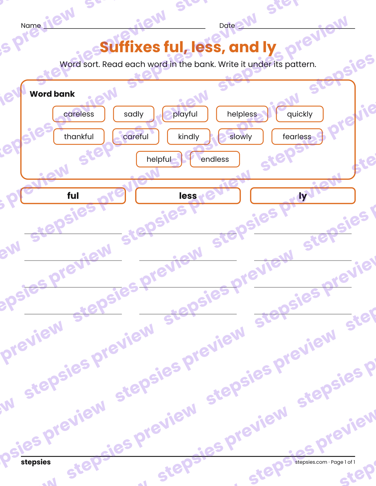 Suffixes ful, less, and ly: Word Sort: page 1 of a printable Grade 3 Language worksheet