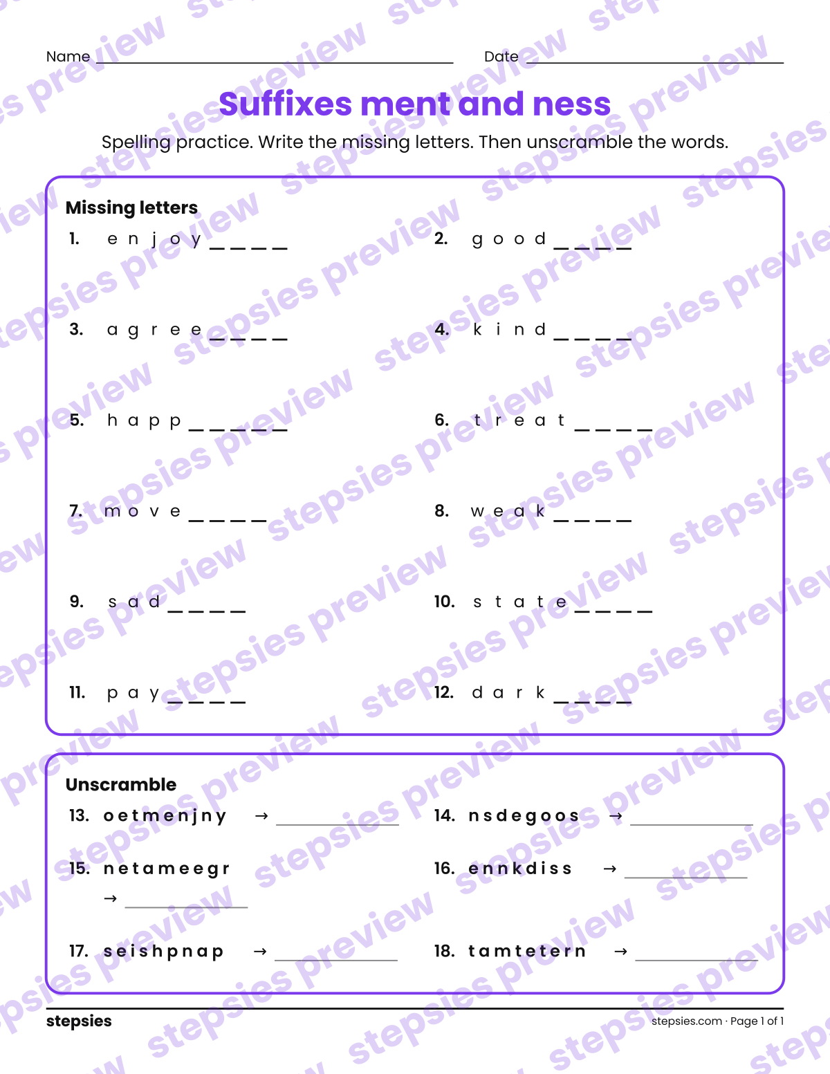 Suffixes ment and ness: Spelling Practice: page 1 of a printable Grade 4 Language worksheet