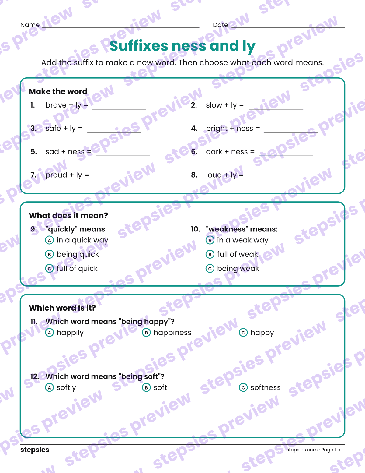 Suffixes ness and ly: page 1 of a printable Grades 3 and 4 Language worksheet