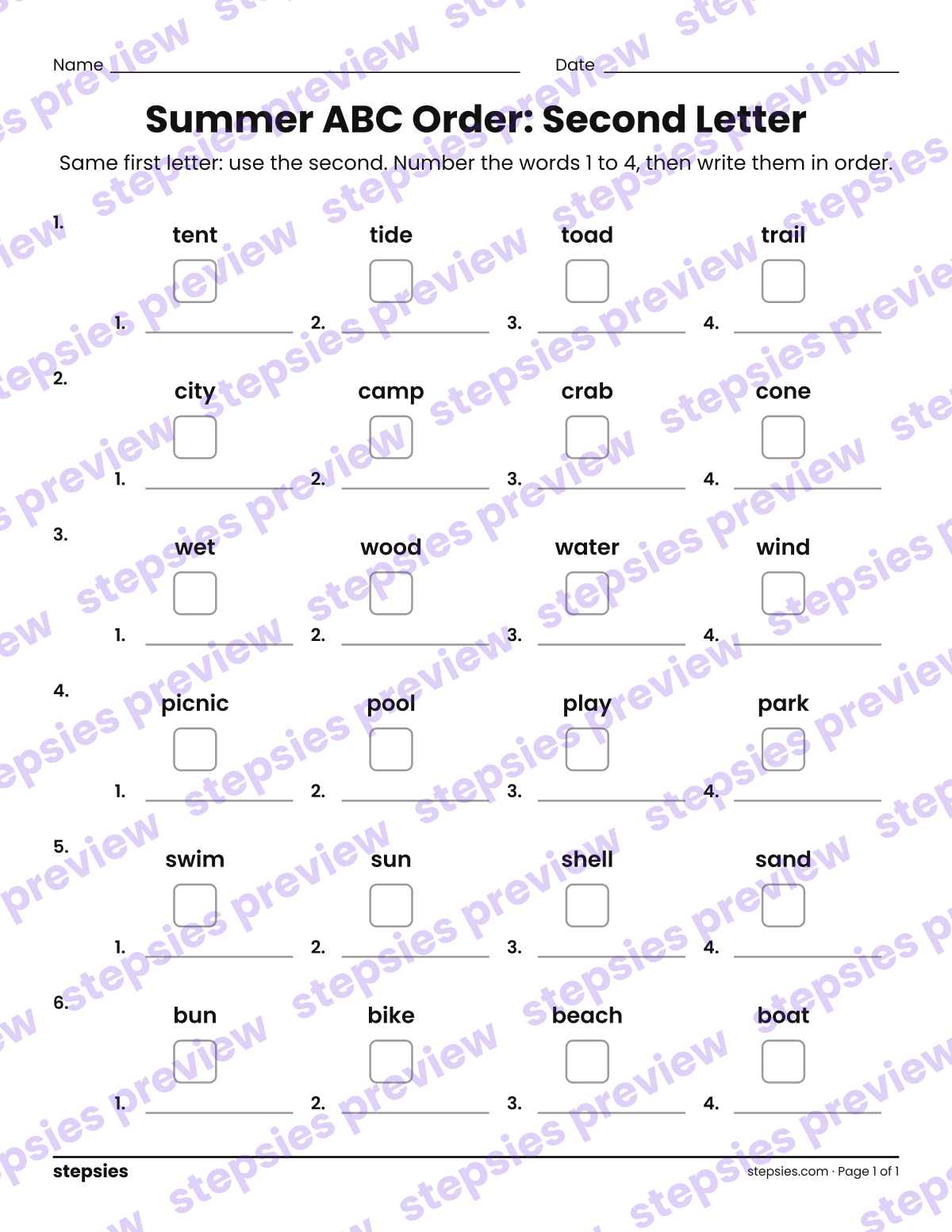 Summer ABC Order: Second Letter: page 1 of a printable Grades 1 and 2 Language worksheet
