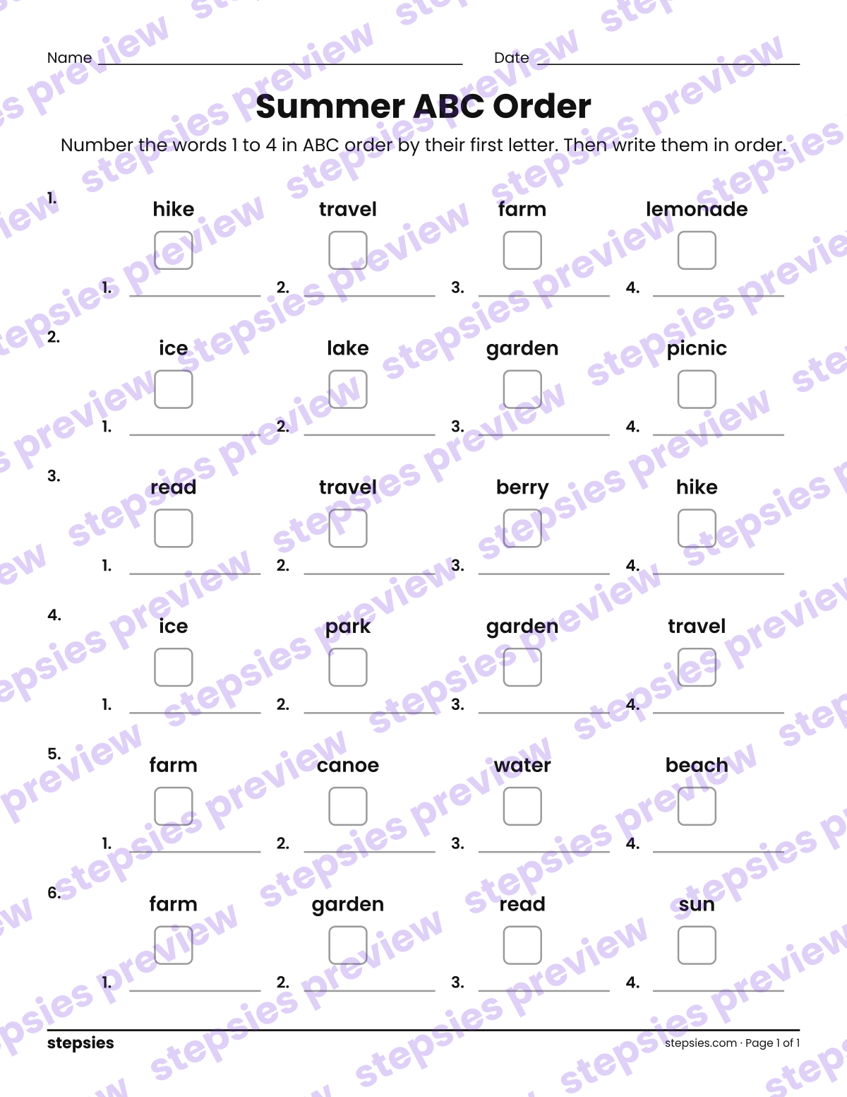 Summer ABC Order: page 1 of a printable Grades 1 and 2 Language worksheet