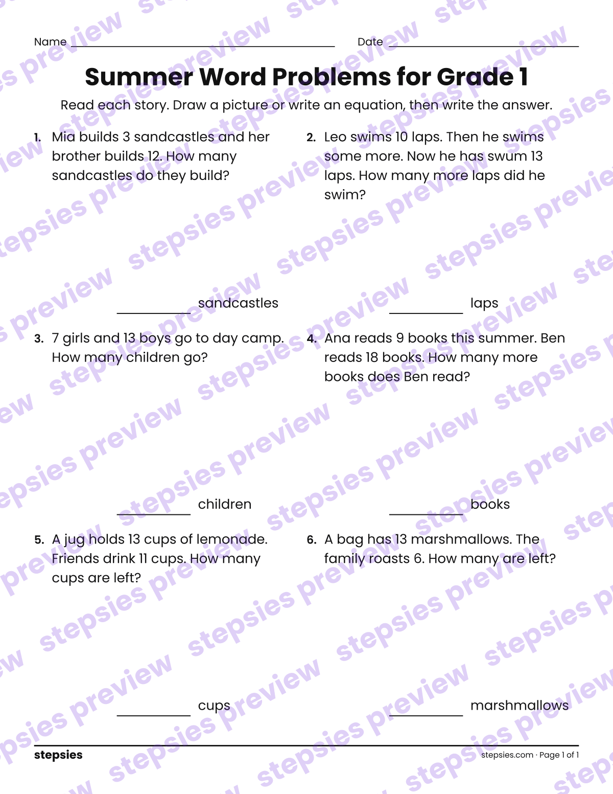 Summer Word Problems for Grade 1: page 1 of a printable Grade 1 Math worksheet