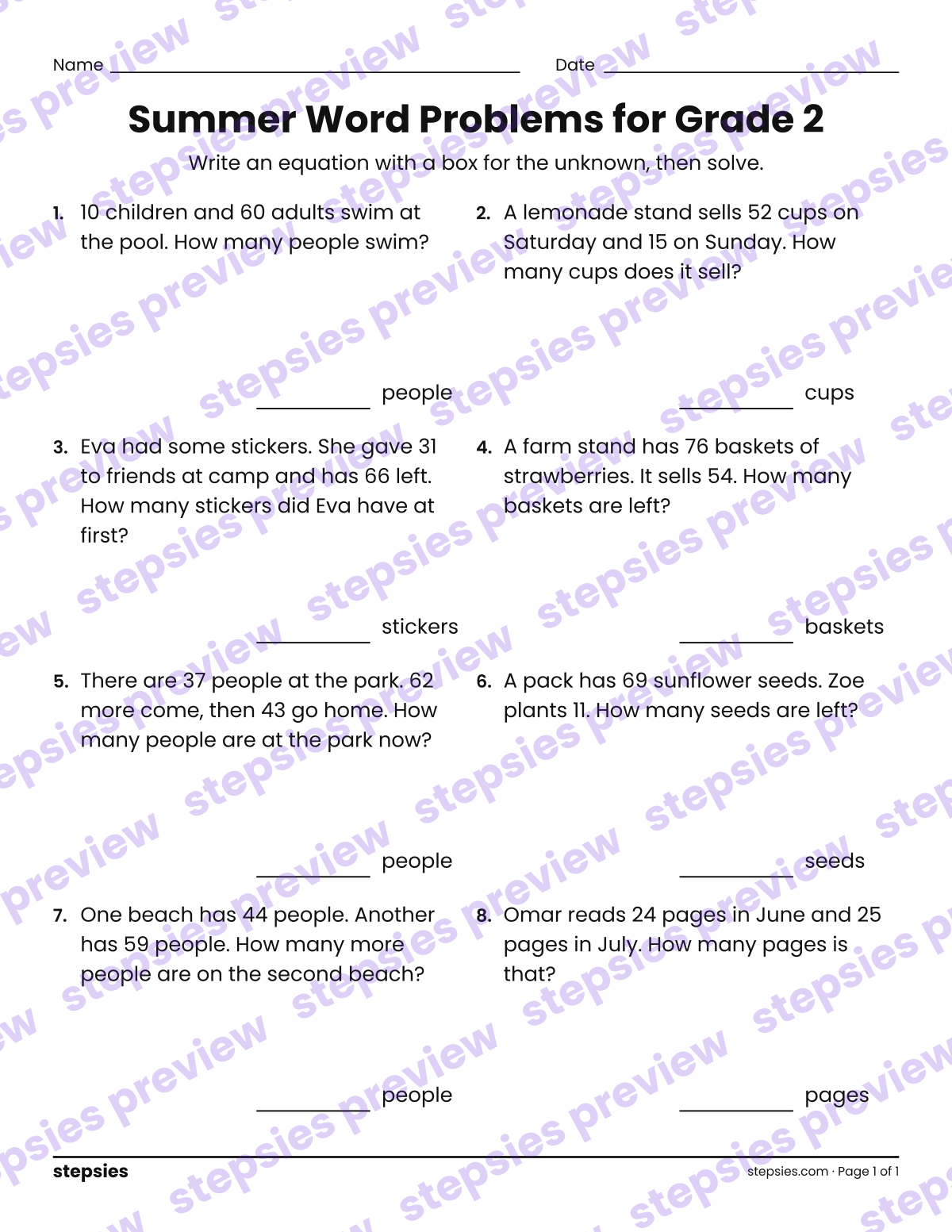 Summer Word Problems for Grade 2: page 1 of a printable Grade 2 Math worksheet