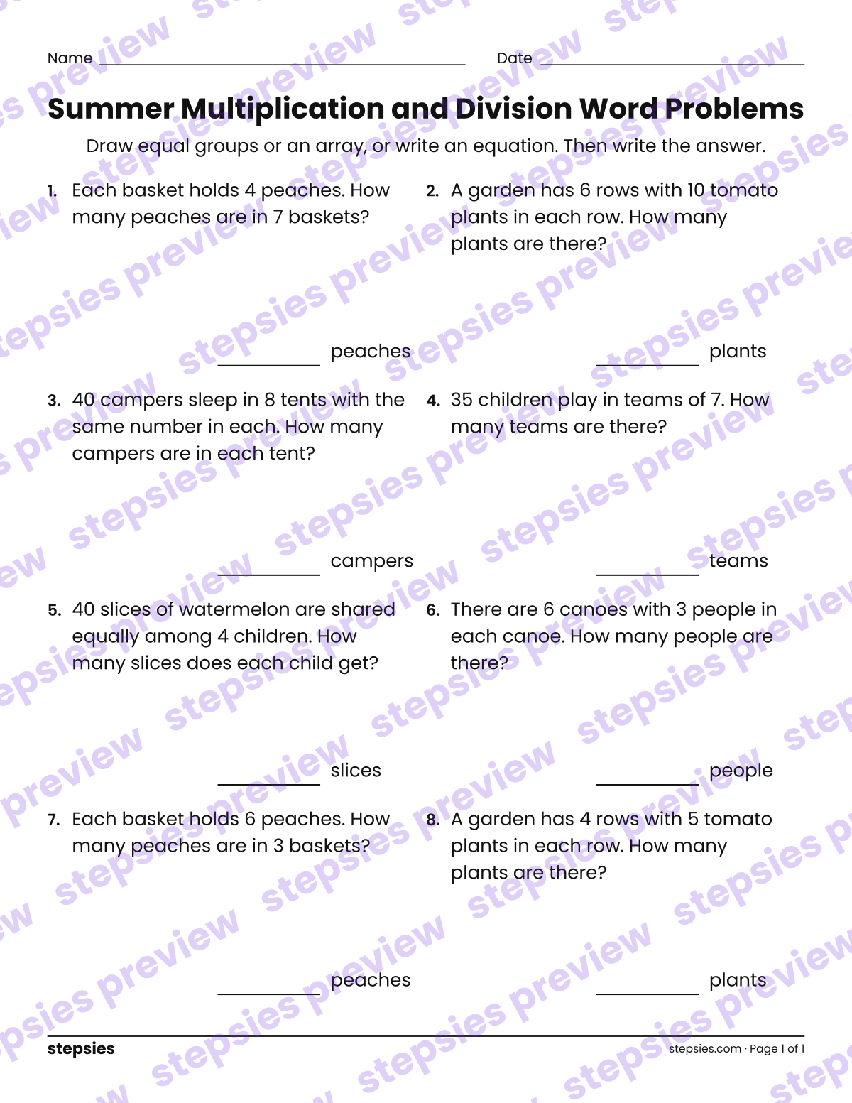 Summer Multiplication and Division Word Problems: page 1 of a printable Grade 3 Math worksheet