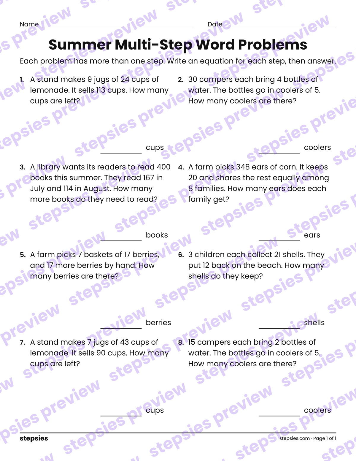 Summer Multi-Step Word Problems: page 1 of a printable Grade 4 Math worksheet