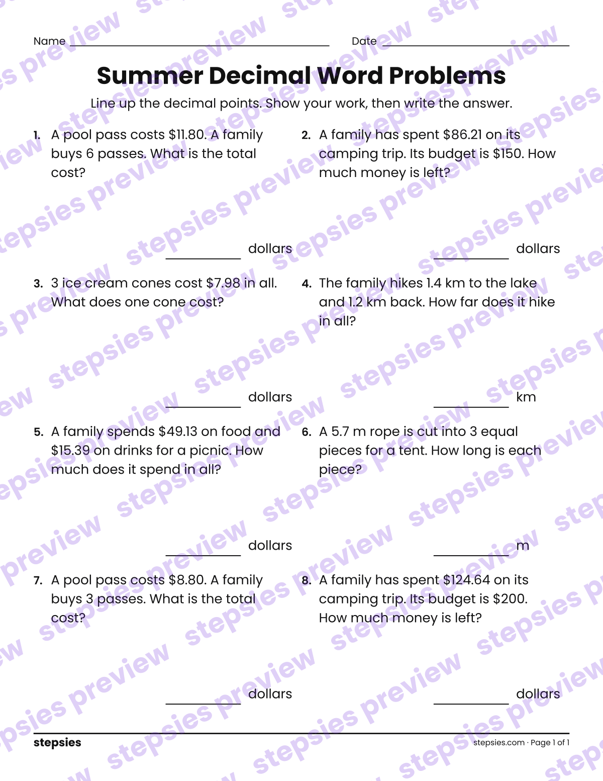 Summer Decimal Word Problems: page 1 of a printable Grade 5 Math worksheet