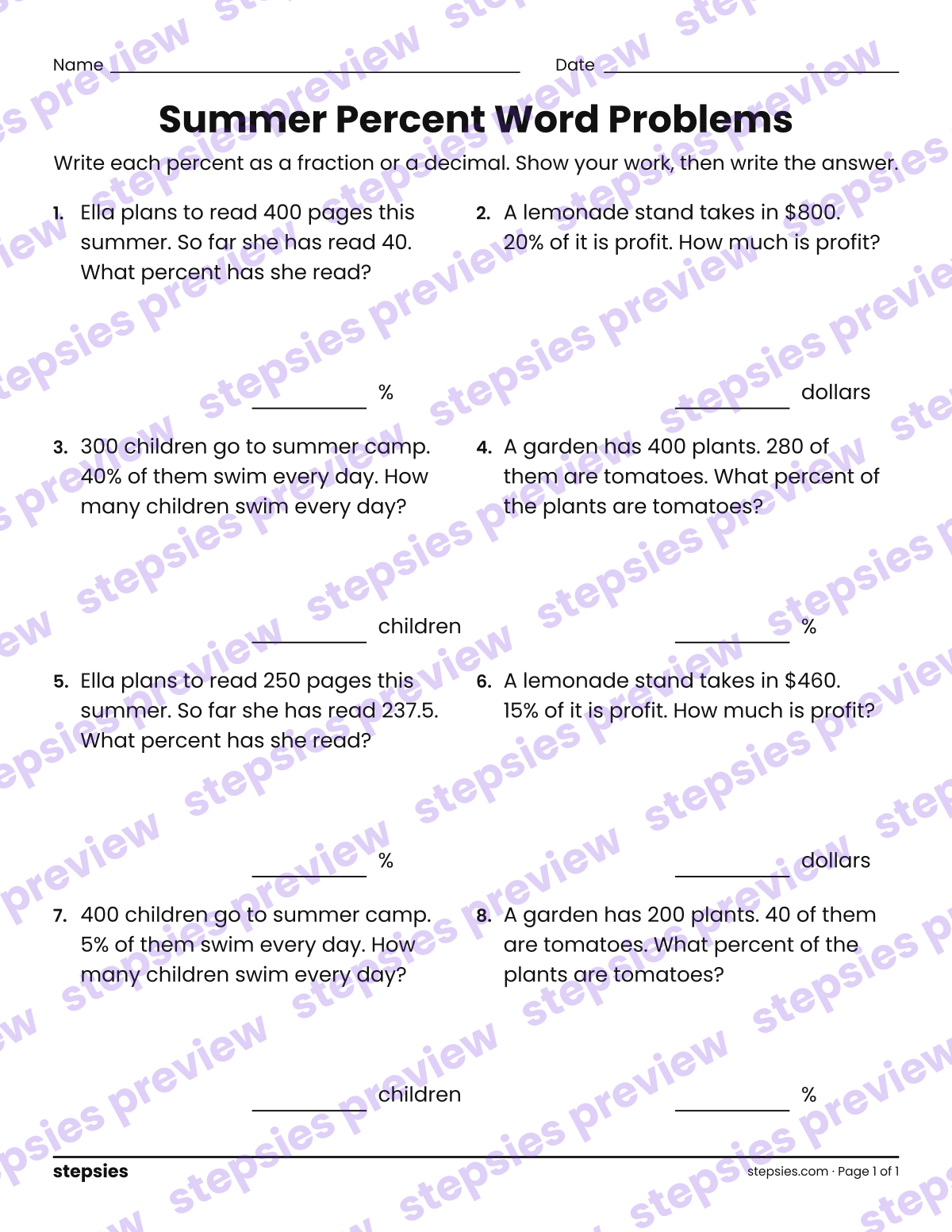 Summer Percent Word Problems: page 1 of a printable Grade 6 Math worksheet