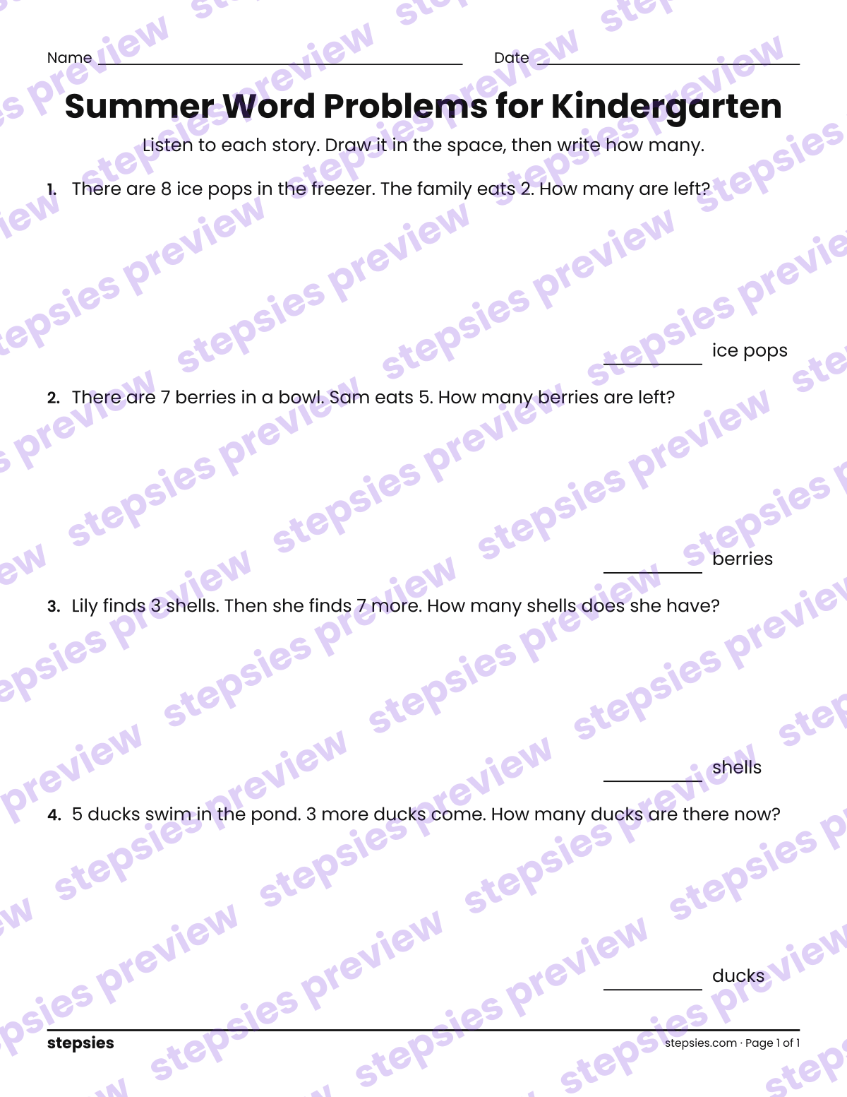 Summer Word Problems for Kindergarten: page 1 of a printable Kindergarten Math worksheet