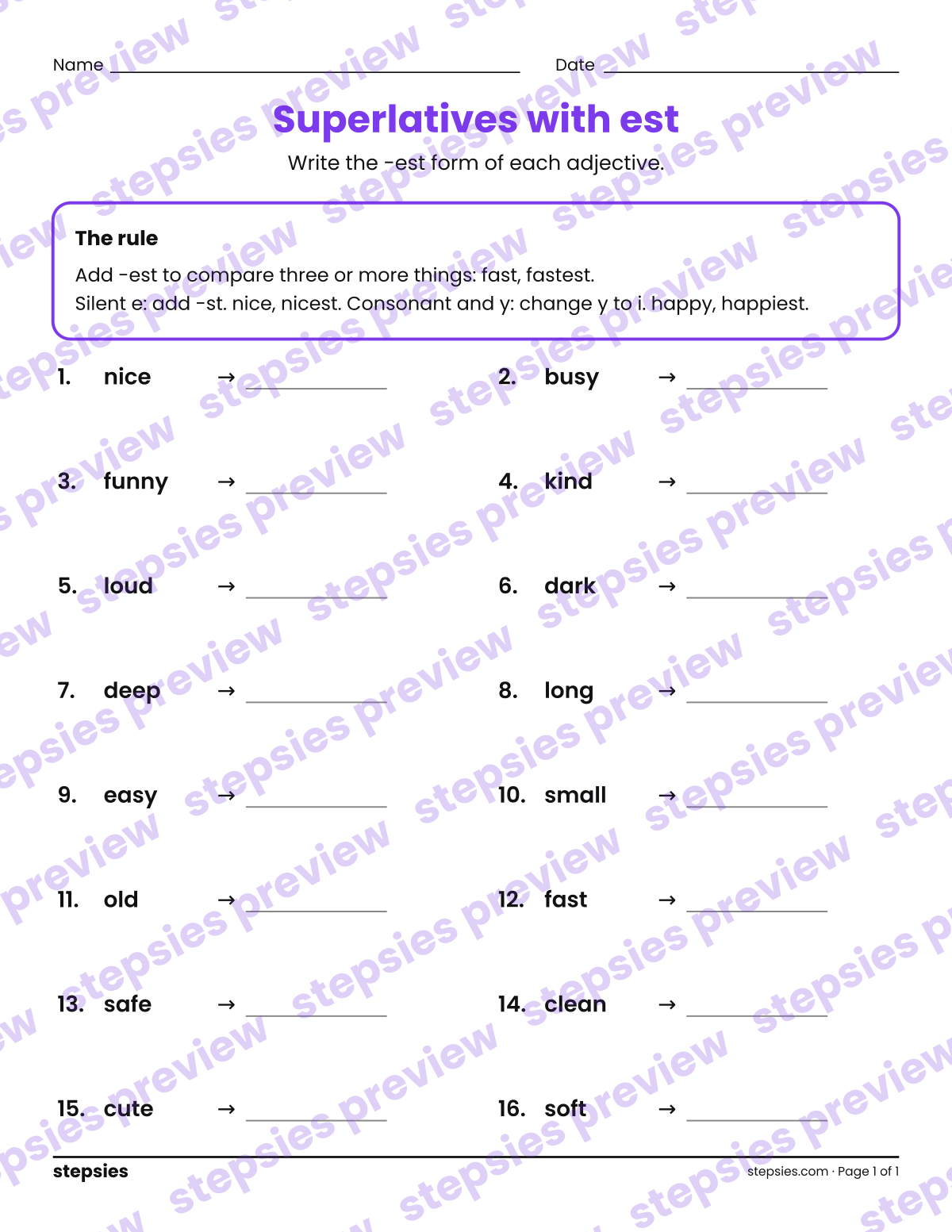 Superlatives with est: page 1 of a printable Grades 2 and 3 Language worksheet