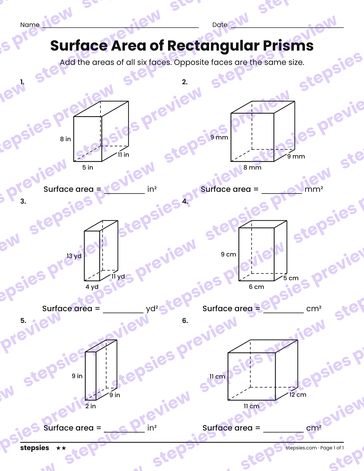 Surface Area of Rectangular Prisms: page 1 of a printable Grades 6 and 7 Math worksheet