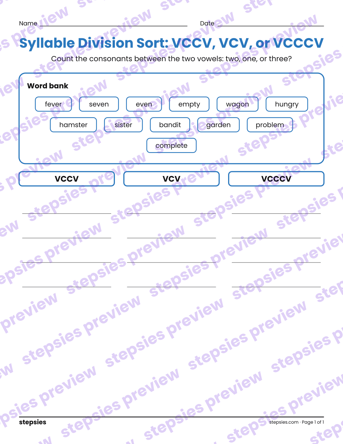 Syllable Division Sort: VCCV, VCV, or VCCCV: page 1 of a printable Grade 3 Language worksheet