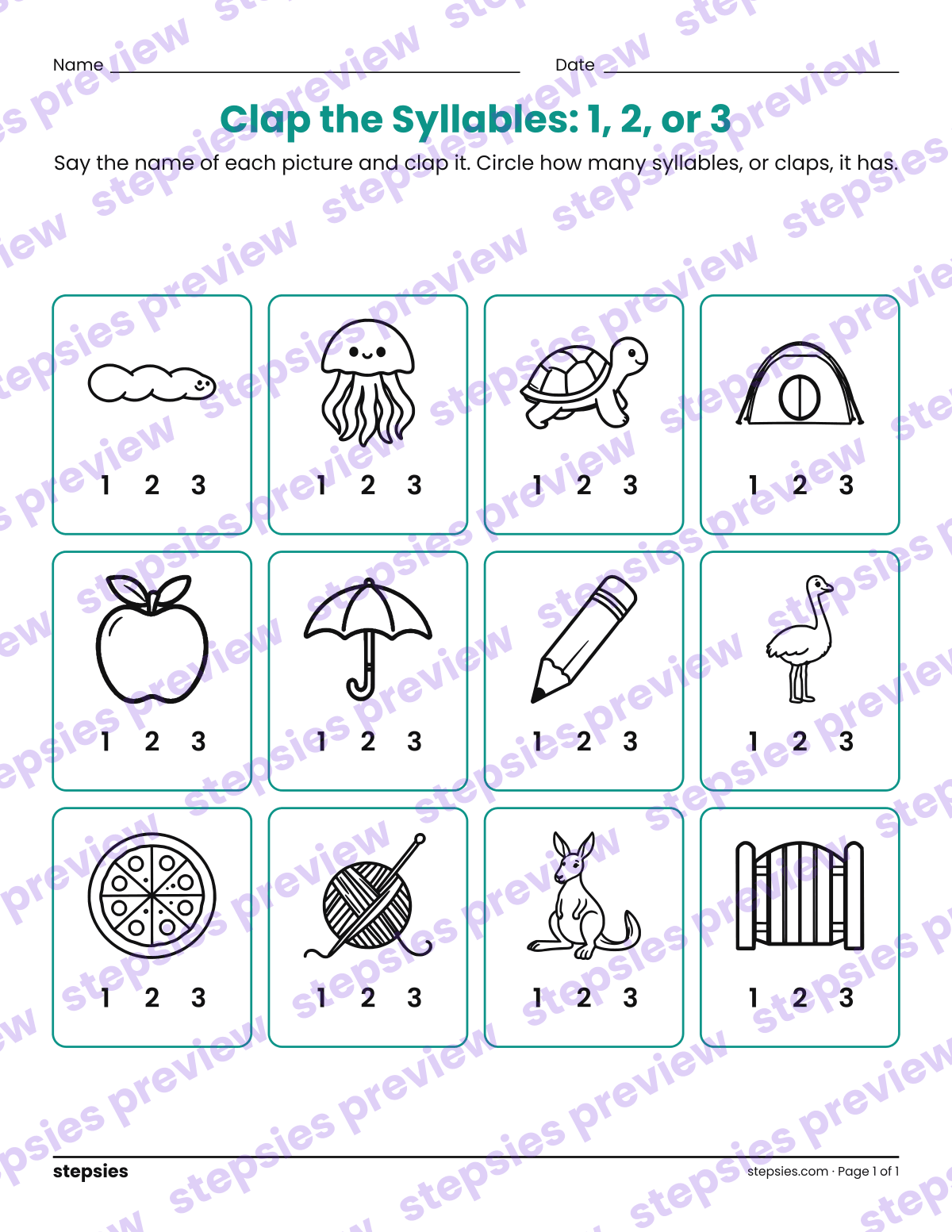 Clap the Syllables: 1, 2, or 3: page 1 of a printable Grades 1 and 2 Language worksheet