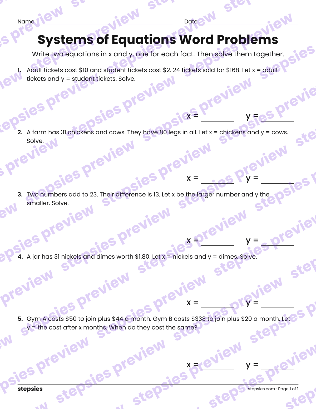 Systems of Equations Word Problems: page 1 of a printable Grade 8 Math worksheet