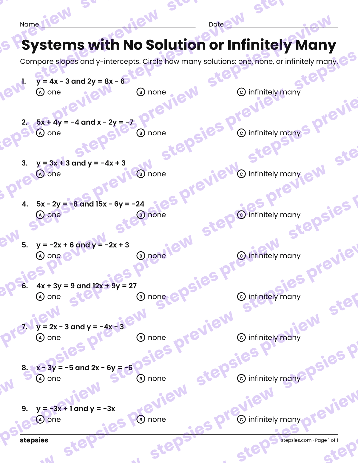 Systems with No Solution or Infinitely Many: page 1 of a printable Grade 8 Math worksheet