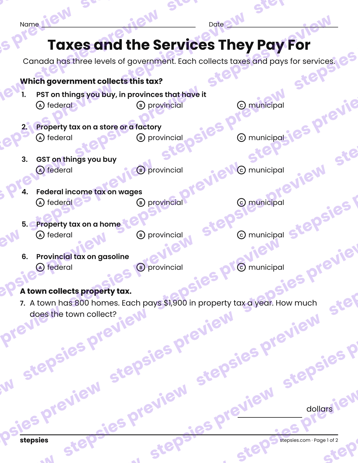 Taxes and the Services They Pay For: page 1 of a printable Grade 5 Math worksheet