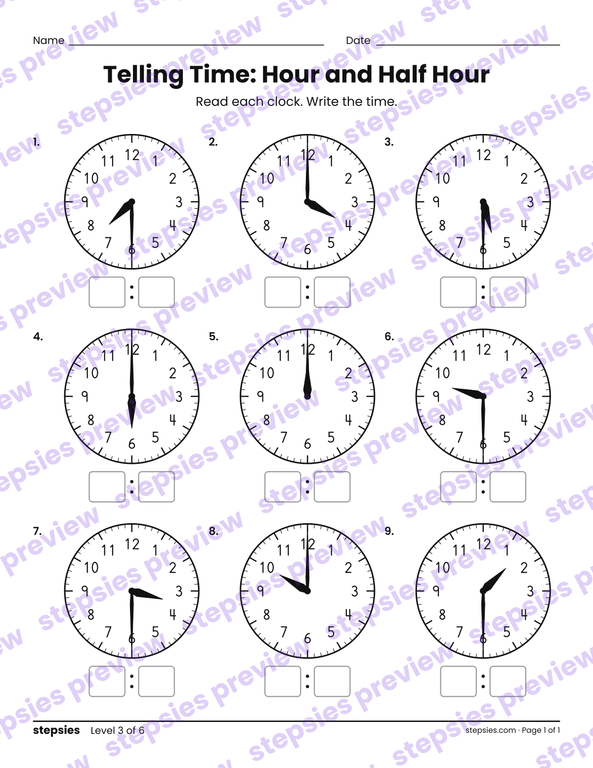 Telling Time: Hour and Half Hour: page 1 of a printable Grade 1 Math worksheet