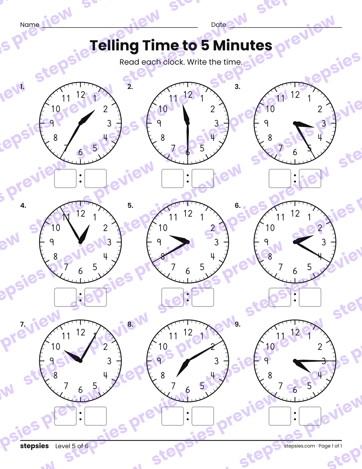 Telling Time to 5 Minutes: page 1 of a printable Grades 2 and 3 Math worksheet