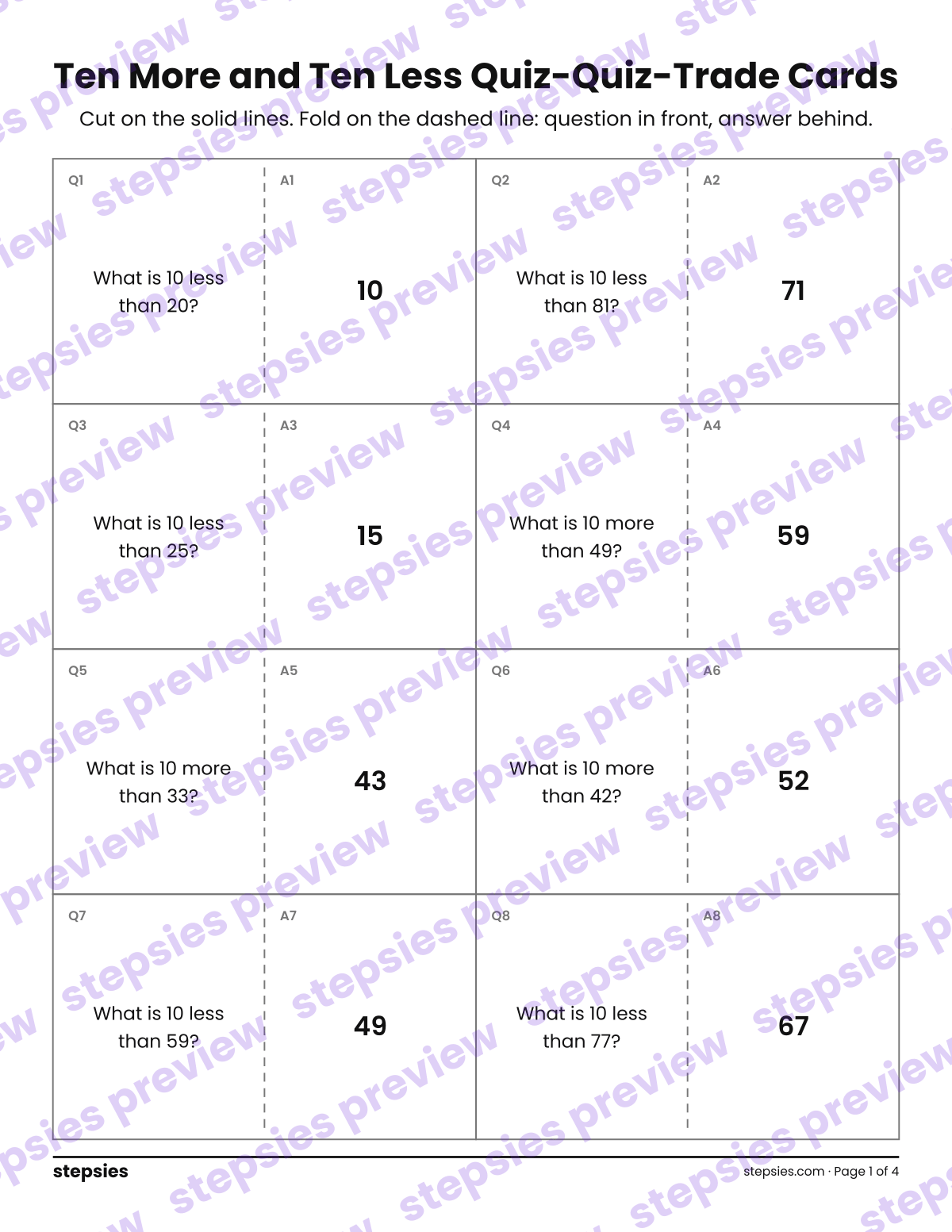 Ten More and Ten Less: Quiz-Quiz-Trade Cards: page 1 of a printable Grade 1 Math worksheet
