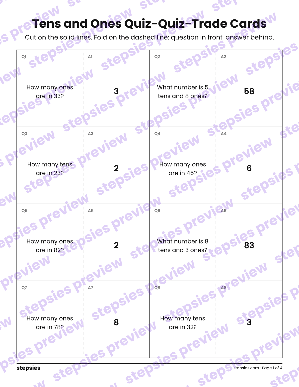 Tens and Ones: Quiz-Quiz-Trade Cards: page 1 of a printable Grade 1 Math worksheet