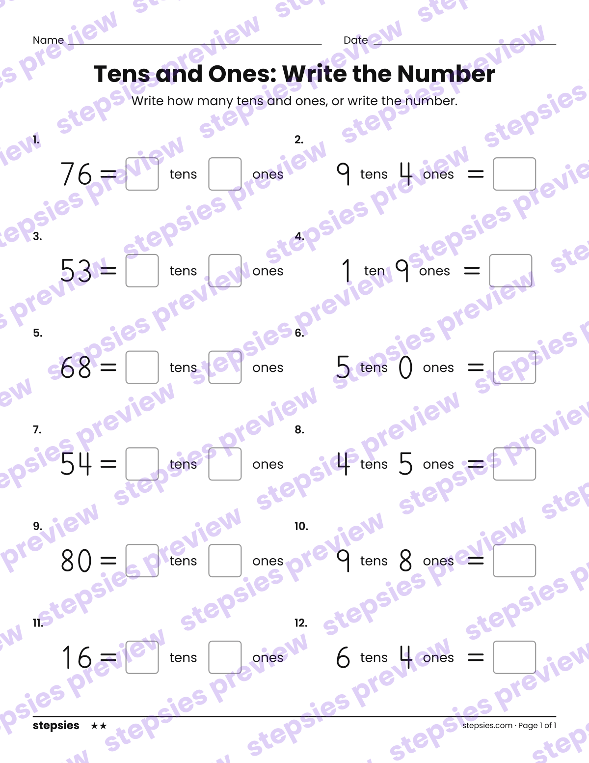Tens and Ones: Write the Number: page 1 of a printable Grade 1 Math worksheet