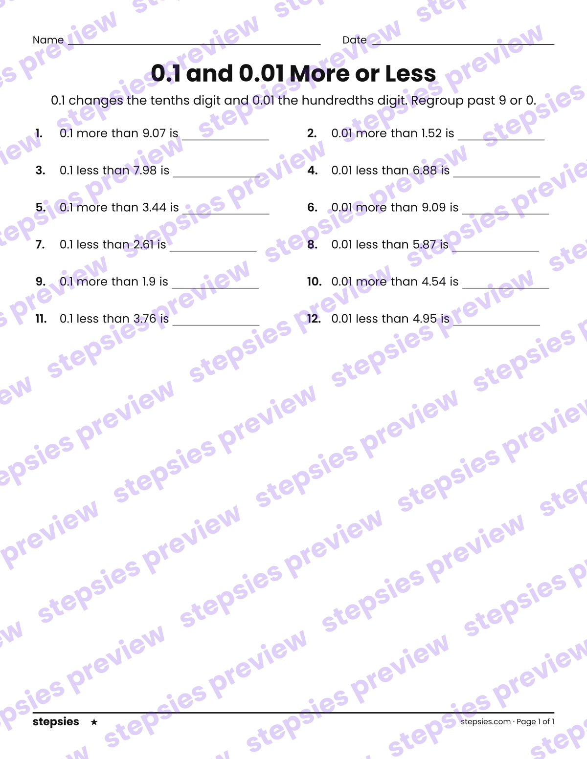 0.1 and 0.01 More or Less: page 1 of a printable Grade 4 Math worksheet