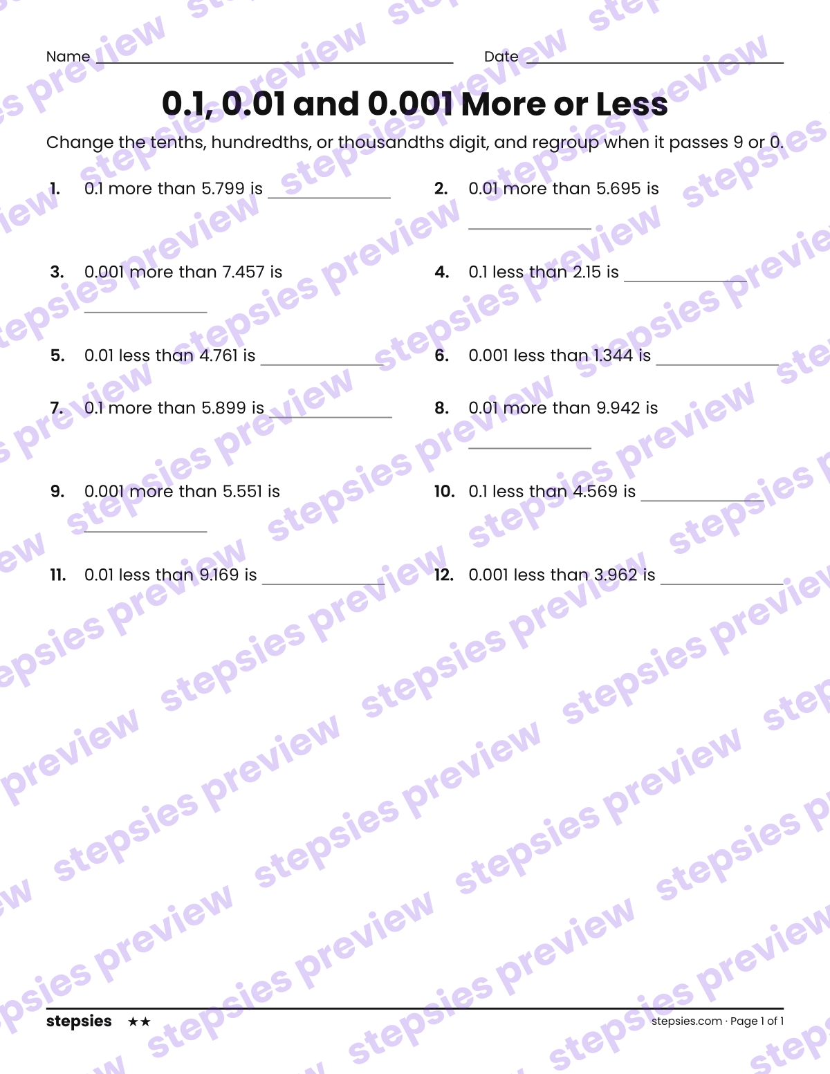 0.1, 0.01 and 0.001 More or Less: page 1 of a printable Grade 5 Math worksheet