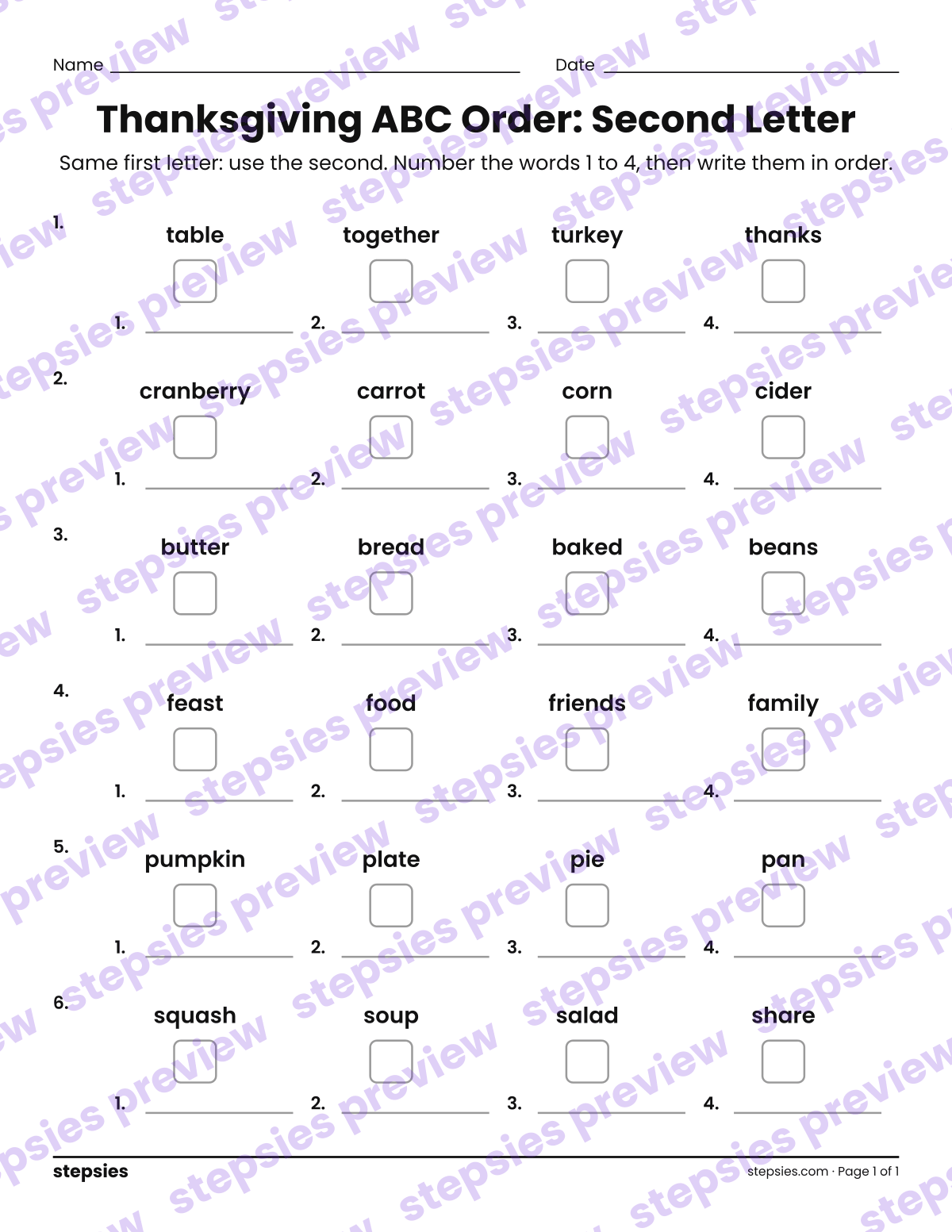 Thanksgiving ABC Order: Second Letter: page 1 of a printable Grades 1 and 2 Language worksheet