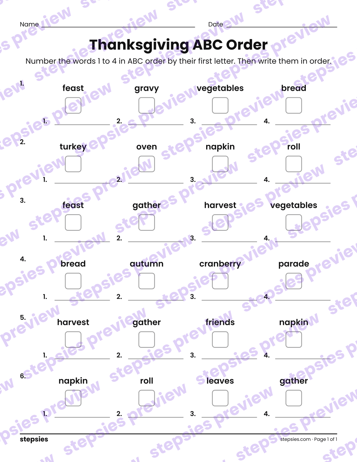 Thanksgiving ABC Order: page 1 of a printable Grades 1 and 2 Language worksheet