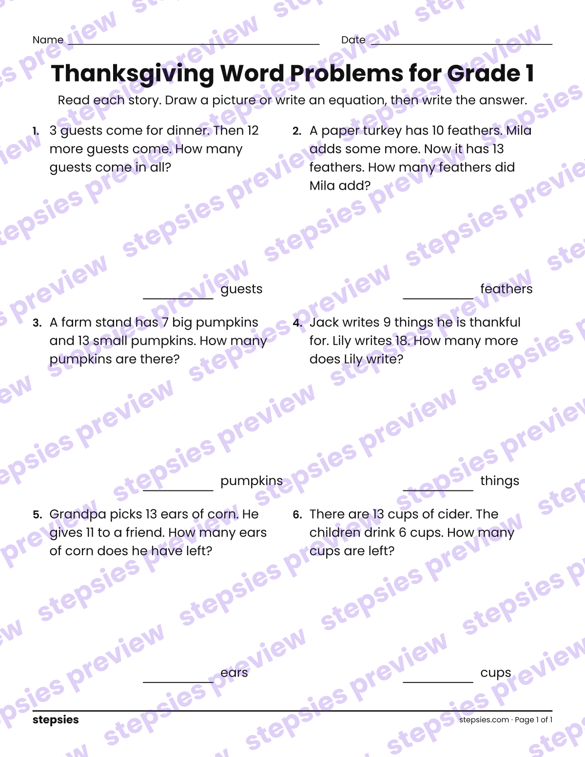 Thanksgiving Word Problems for Grade 1: page 1 of a printable Grade 1 Math worksheet