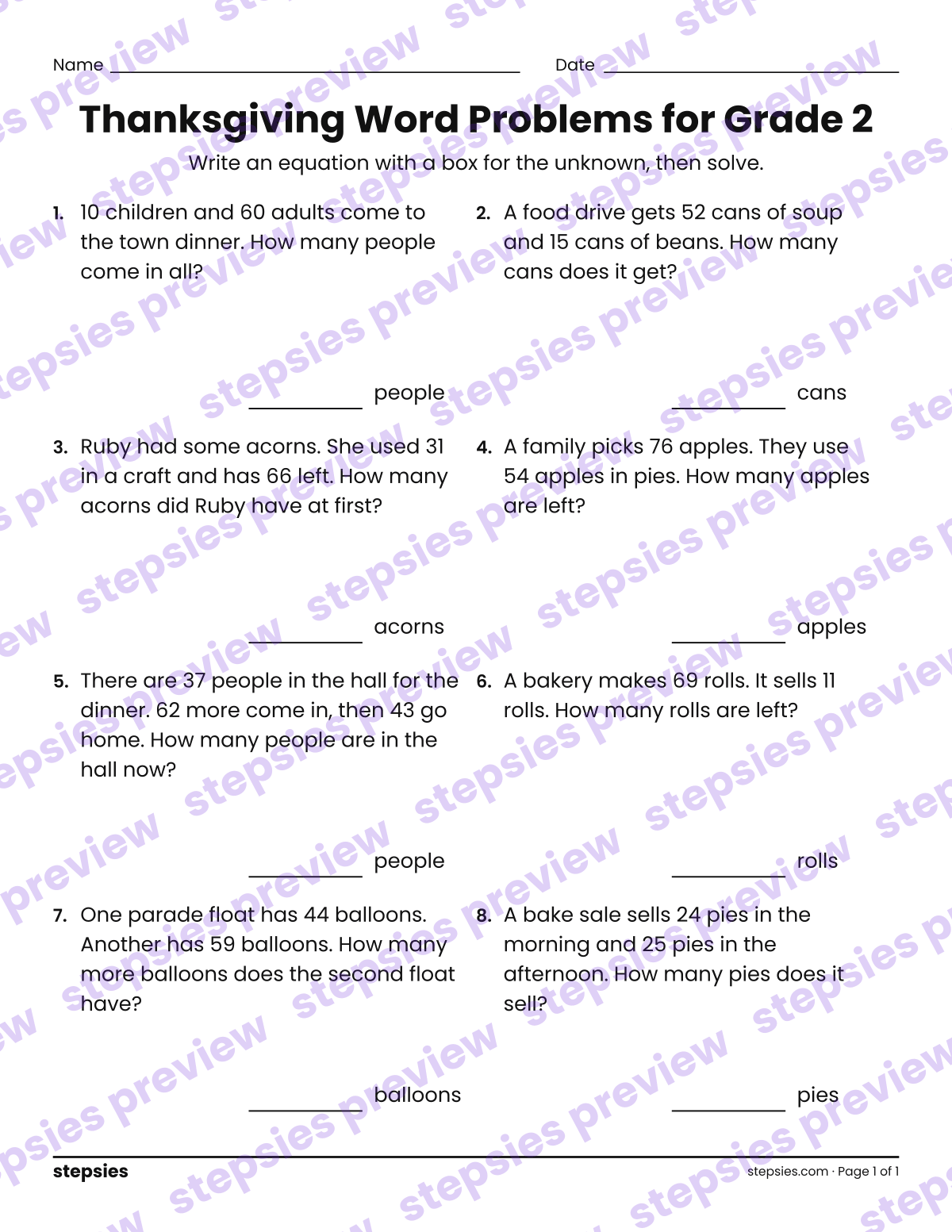Thanksgiving Word Problems for Grade 2: page 1 of a printable Grade 2 Math worksheet
