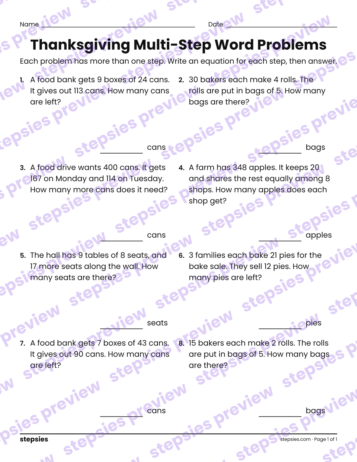 Thanksgiving Multi-Step Word Problems: page 1 of a printable Grade 4 Math worksheet