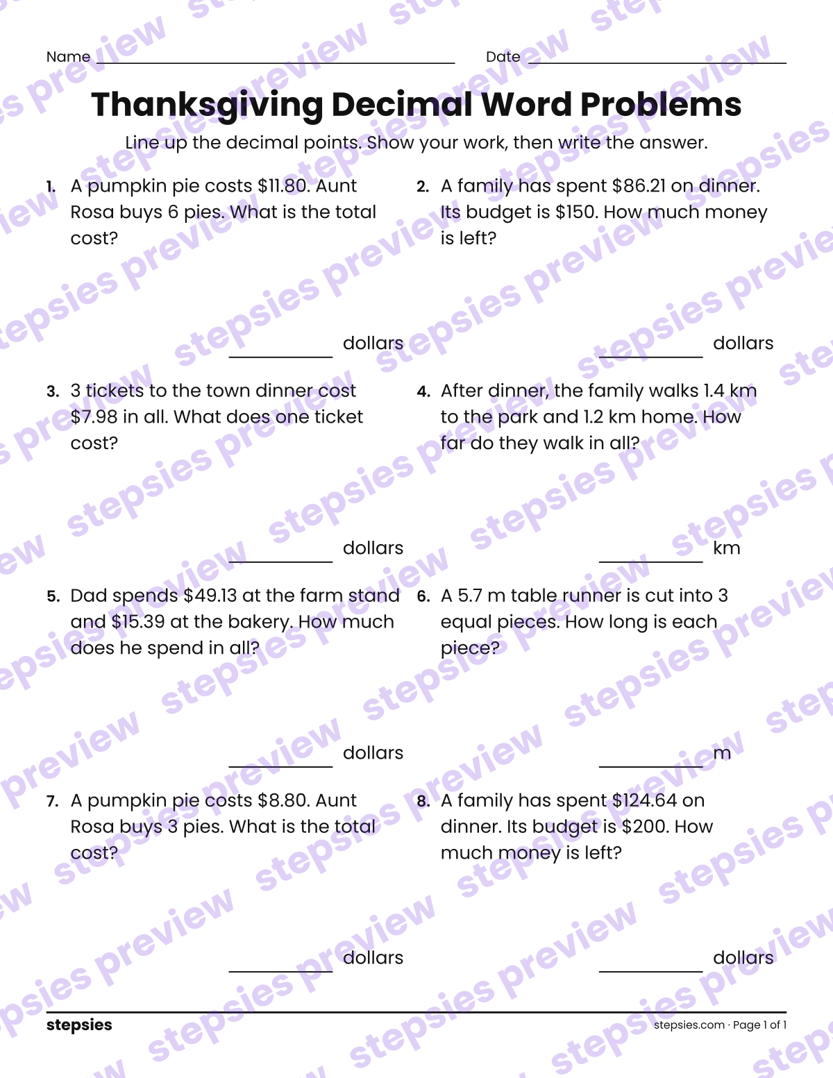Thanksgiving Decimal Word Problems: page 1 of a printable Grade 5 Math worksheet