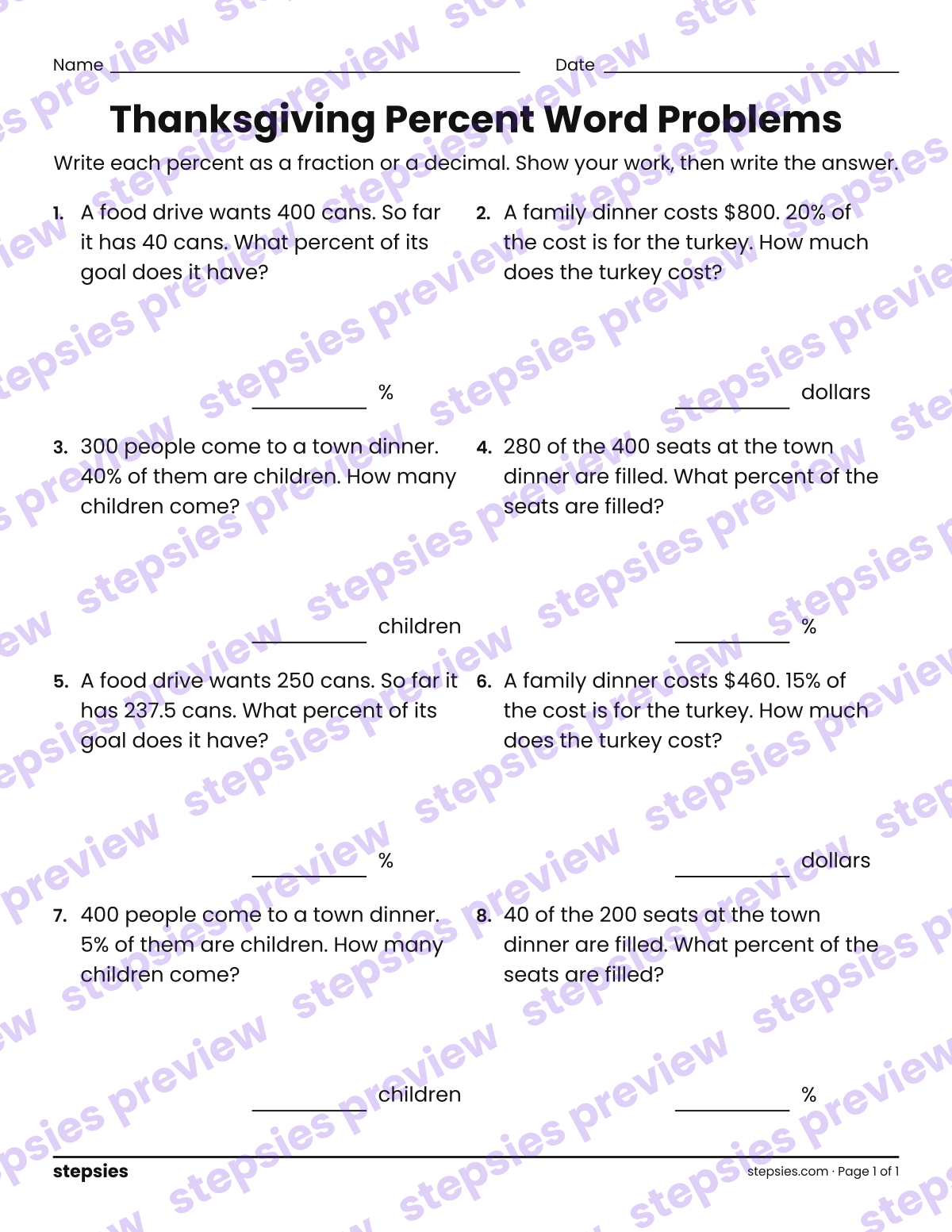 Thanksgiving Percent Word Problems: page 1 of a printable Grade 6 Math worksheet