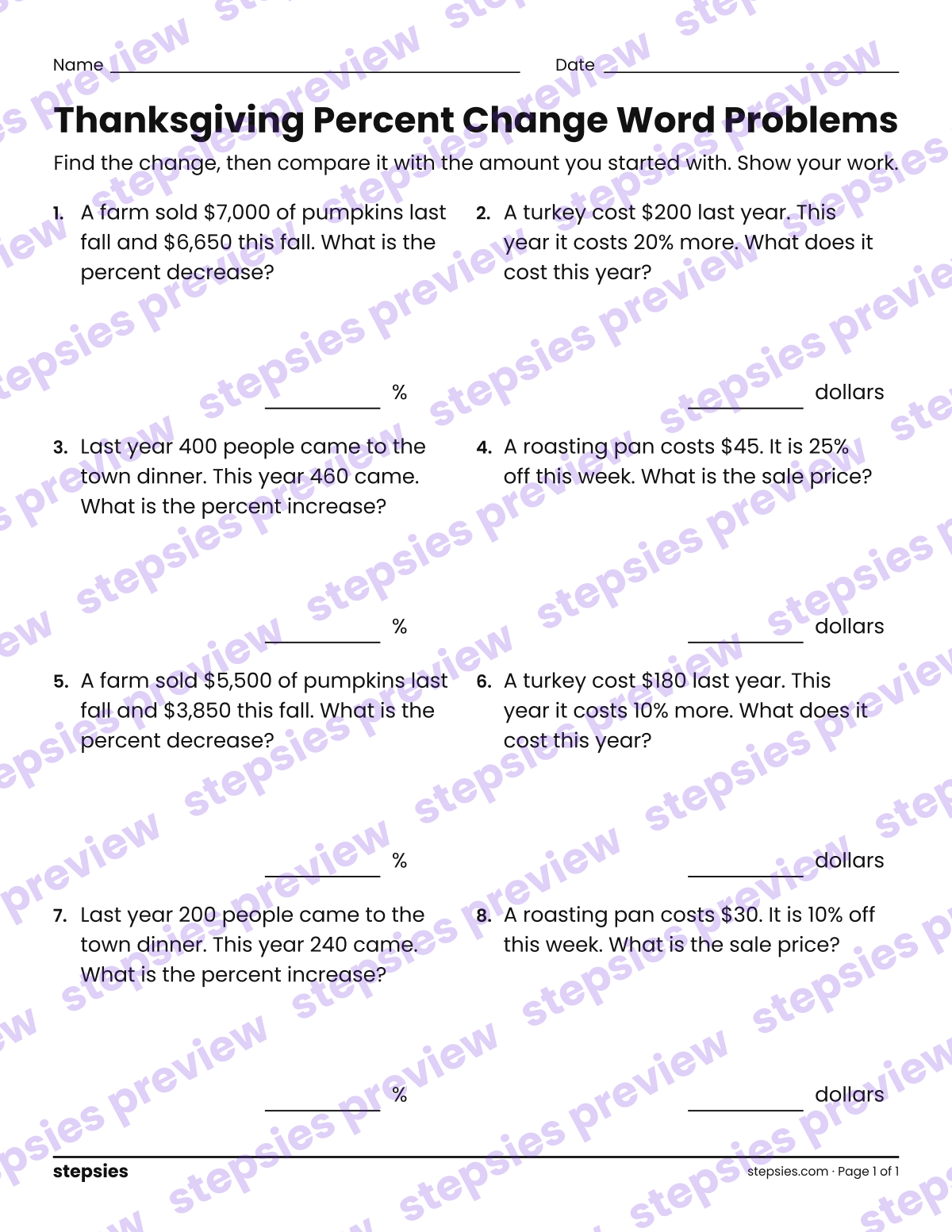 Thanksgiving Percent Change Word Problems: page 1 of a printable Grade 7 Math worksheet