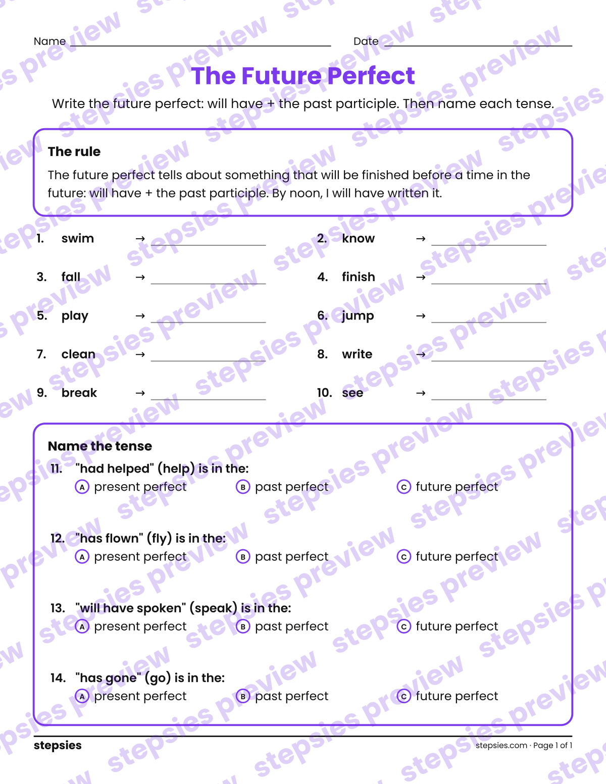 The Future Perfect: page 1 of a printable Grade 5 Language worksheet