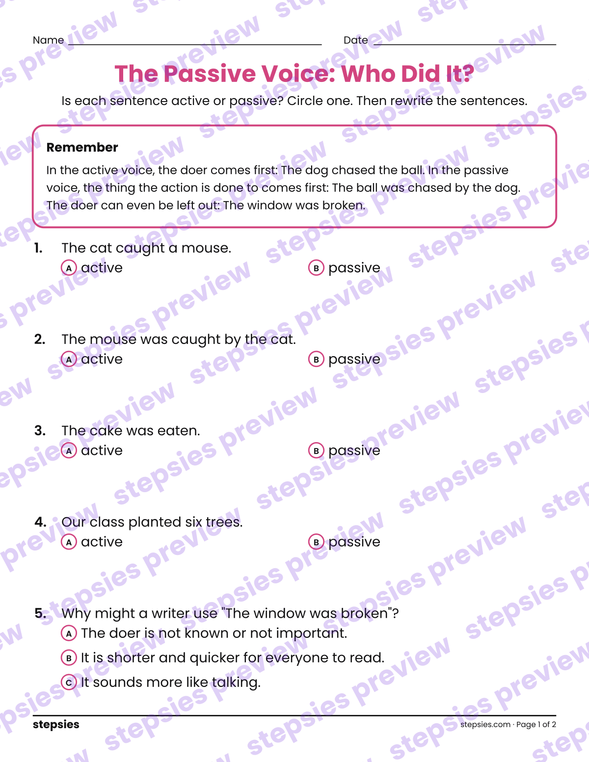 The Passive Voice: Who Did It?: page 1 of a printable Grades 5 and 6 Language worksheet